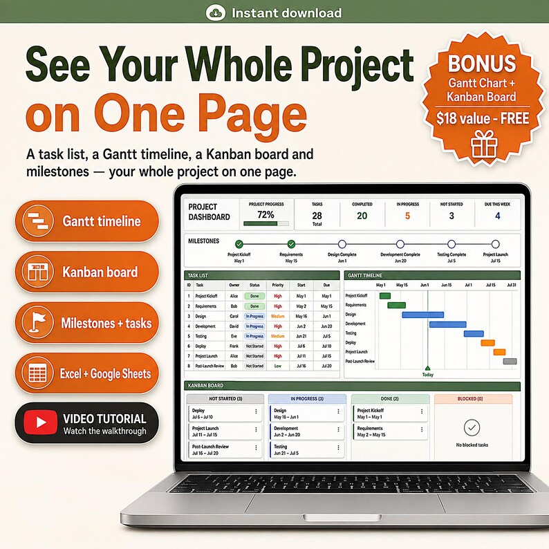 Gantt Chart Excel Template | Project Management Spreadsheet, Project Tracker, Team Task Tracker | Kanban Board, Timeline Google Sheets image 1