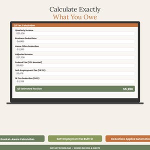 May include: A digital tax calculator spreadsheet displayed on a laptop screen. The interface shows Q3 Tax Calculation fields including Quarterly Income, Business Deductions, Home Office Deduction, Adjusted Income, Federal Tax, and Self-Employment Tax.