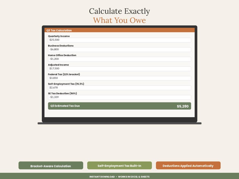May include: A digital tax calculator spreadsheet displayed on a laptop screen. The interface shows Q3 Tax Calculation fields including Quarterly Income, Business Deductions, Home Office Deduction, Adjusted Income, Federal Tax, and Self-Employment Tax.