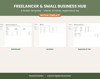 Modèle Notion pour freelance | CRM client, suivi des factures, tableau de bord des dépenses et des impôts trimestriels | Outil de planification pour travailleurs indépendants