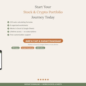 May include: A digital product advertisement for a Stock & Crypto Portfolio tracker. Text includes: Start Your Stock & Crypto Portfolio Journey Today, 210 auto-calculating formulas, 8 organized worksheets, Works in Excel & Google Sheets, Lifetime access, and 5/5 Rated.