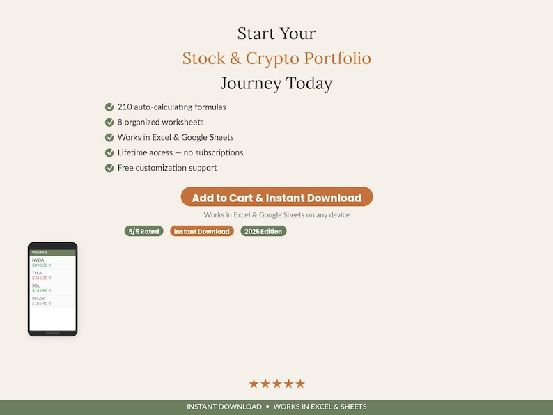 May include: A digital product advertisement for a Stock & Crypto Portfolio tracker. Text includes: Start Your Stock & Crypto Portfolio Journey Today, 210 auto-calculating formulas, 8 organized worksheets, Works in Excel & Google Sheets, Lifetime access, and 5/5 Rated.