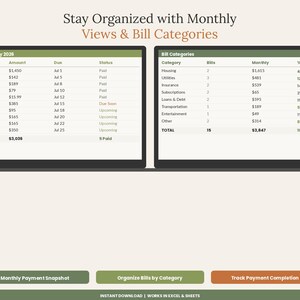 May include: A digital financial tracker template featuring two tables titled This Month - July 2026 and Bill Categories. The layout includes columns for bills, amounts, due dates, and status, with buttons labeled Monthly Payment Snapshot, Organize Bills by Category, and Track Payment Completion.