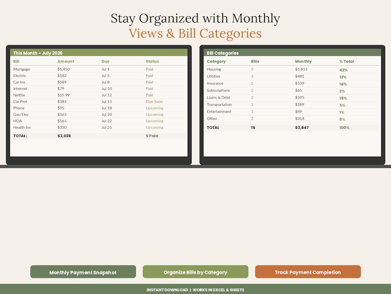May include: A digital financial tracker template featuring two tables titled This Month - July 2026 and Bill Categories. The layout includes columns for bills, amounts, due dates, and status, with buttons labeled Monthly Payment Snapshot, Organize Bills by Category, and Track Payment Completion.