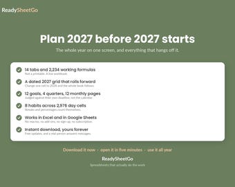 2027 Year at a Glance Spreadsheet Template Excel Google Sheets | Annual Planner, Goal Tracker, Habit Tracker, Yearly Calendar Dashboard