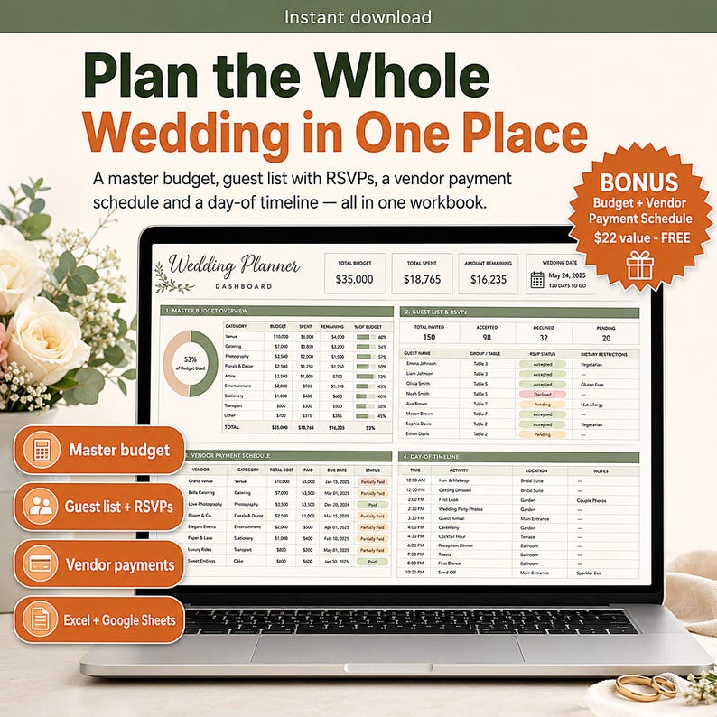 All-in-One Wedding Planner Spreadsheet | Budget, Guests, Timeline (Excel/Google Sheets) | Wedding Checklist, Vendor and Budget Planner image 1