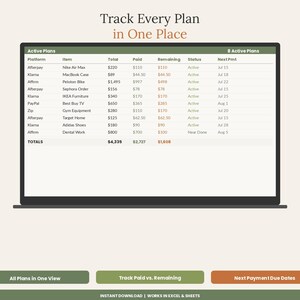 May include: A digital spreadsheet displayed on a laptop screen titled Track Every Plan in One Place, featuring a table of 8 active payment plans with columns for platform, item, total, paid, remaining, status, and next payment date.