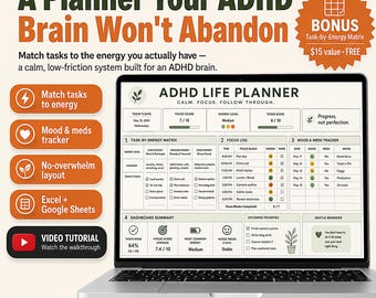 ADHD Life Planner | Habit Focus Tracker, Productivity Dashboard (Excel Sheets) | Neurodivergent Planner, Task Focus