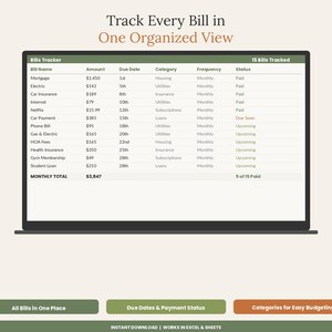 Monthly Bill Payment Tracker Spreadsheet Excel | Bill Organizer & Due Date Calendar Google Sheets | Household Budget Bill Planner image 3