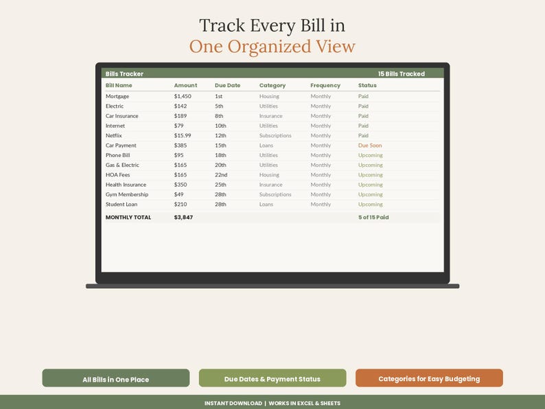 Monthly Bill Payment Tracker Spreadsheet Excel | Bill Organizer & Due Date Calendar Google Sheets | Household Budget Bill Planner image 3