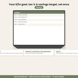 Hoja de cálculo para el seguimiento de propinas de camareros y bartenders / Registro de ingresos por propinas en Excel y Google Sheets / Seguimiento de turnos y reserva de impuestos para el personal de servicio imagen 3