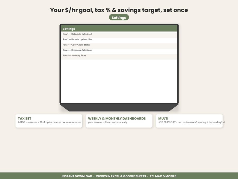 Hoja de cálculo para el seguimiento de propinas de camareros y bartenders / Registro de ingresos por propinas en Excel y Google Sheets / Seguimiento de turnos y reserva de impuestos para el personal de servicio imagen 3