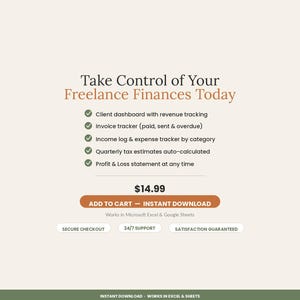 Pu&ograve; includere: Un elenco di prodotti digitali intitolato Take Control of Your Freelance Finances Today. Include un elenco di strumenti tra cui una dashboard cliente, un tracker delle fatture, un registro di entrate e uscite e un conto economico.