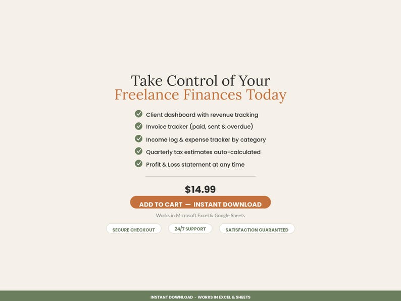 Pu&ograve; includere: Un elenco di prodotti digitali intitolato Take Control of Your Freelance Finances Today. Include un elenco di strumenti tra cui una dashboard cliente, un tracker delle fatture, un registro di entrate e uscite e un conto economico.