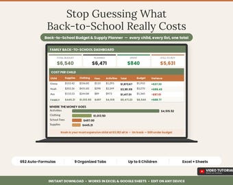 Planificador de presupuesto para la vuelta al cole / Registro de material escolar para varios hijos (Excel, Google Sheets)