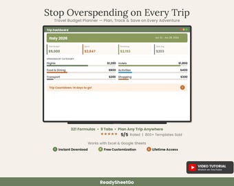 Modèle de budget voyage | Suivi des dépenses de vacances (Excel/Google Sheets) | Calculateur de coûts de voyage