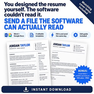 Op de afbeelding: Een digitale cv- en sollicitatiebrief-sjabloonset met de tekst: You designed the resume yourself. The software couldn't read it. SEND A FILE THE SOFTWARE CAN ACTUALLY READ. Bevat Word- en Google Docs-bestanden, vier bewerkbare sjablonen en een bewerkingsgids.