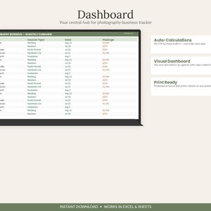 以下が含まれることがあります： ExcelおよびSheets用の写真ビジネス月次概要ダッシュボードテンプレート。インターフェースには、クライアント名、セッションタイプ、日付、パッケージ価格が表示されます。自動計算機能、視覚的ダッシュボード、印刷可能なレイアウトが含まれています。