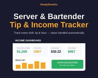 Spreadsheet voor het bijhouden van fooien voor obers en barmannen | Logboek fooieninkomsten in Excel en Google Sheets | Dienstregistratie en belastingaftrek voor bedienend personeel