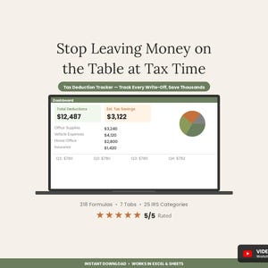 Tax Deduction Tracker Spreadsheet 2026 | Self Employed 1099 Schedule C Write-Off Log | Small Business Tax Prep Template Excel Google Sheets