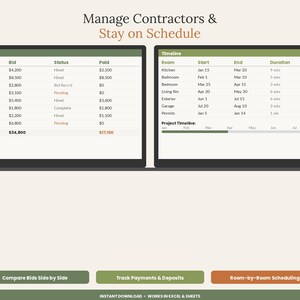 May include: A digital project management dashboard titled Manage Contractors & Stay on Schedule. It features two tables for tracking contractor bids and project timelines, with three buttons below labeled Compare Bids, Track Payments, and Room-by-Room Scheduling.
