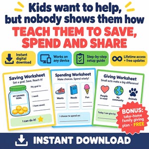 Pode incluir: Um conjunto de fichas de educação financeira para crianças com três páginas intituladas Saving Worksheet, Spending Worksheet e Giving Worksheet. As páginas incluem ilustrações de um frasco de poupança, moedas, um sapato, um livro, gelado, um coração, um globo e uma pegada, com espaços para definir objetivos e escolhas de gastos.