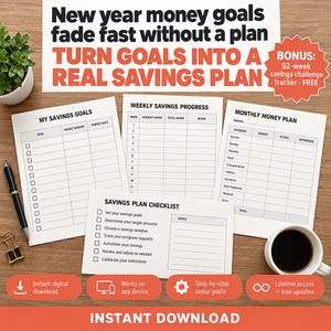 Hojas de trabajo para establecer metas financieras de Año Nuevo, plan de ahorro, metas SMART, reto de ahorro de 52 semanas, educación financiera para adolescentes, PDF para secundaria y preparatoria