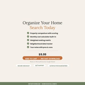 以下が含まれることがあります： Organize Your Home Search Todayというタイトルのデジタル製品リスト。物件比較、コスト計算機、ランキングマトリックス、データトラッカー、見学メモなど、5つの項目が箇条書きで記載されています。カートに追加ボタンが含まれています。