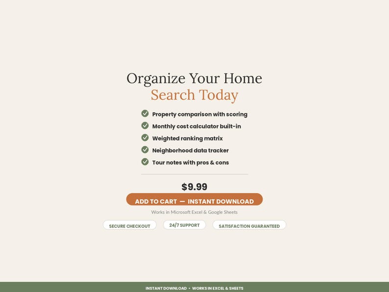 以下が含まれることがあります： Organize Your Home Search Todayというタイトルのデジタル製品リスト。物件比較、コスト計算機、ランキングマトリックス、データトラッカー、見学メモなど、5つの項目が箇条書きで記載されています。カートに追加ボタンが含まれています。