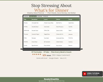 Weekly Meal Planner Spreadsheet 2026 | Grocery List Budget Tracker Calorie | Family Menu Meal Prep Recipe Organizer Excel Google Sheets