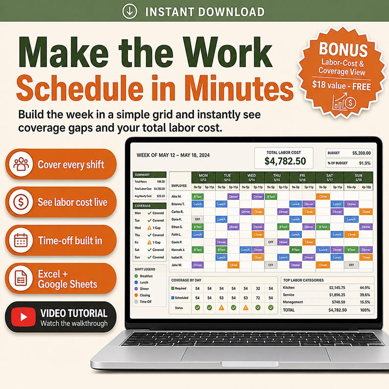 Employee Schedule Template | Staff Shift Planner, Time Off Tracker (Excel, Google Sheets) | Weekly Rota, Shift Rotation image 1