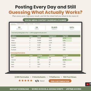 Planilha de Calendário de Conteúdo para Redes Sociais | Planejador de Conteúdo para Instagram, TikTok e Pinterest | Agendador de Postagens e Análises | Planilhas Excel e Google