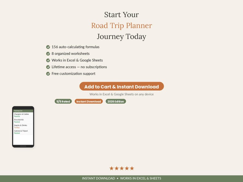 May include: A digital road trip planner template featuring the text Start Your Road Trip Planner Journey Today. It includes 156 auto-calculating formulas, 8 worksheets, and works in Excel and Google Sheets. A smartphone displays a packing list.