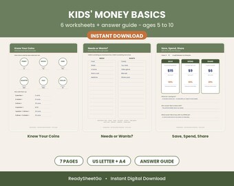 Fiches d'activités pour enfants sur l'argent : compter les pièces, besoins et envies, épargne et tableau des tâches ménagères | École à la maison, 5-10 ans (PDF)
