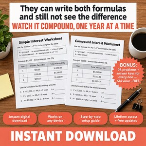 May include: Two printed worksheets titled Simple Interest Worksheet and Compound Interest Worksheet, featuring mathematical formulas, tables, and practice problems. The pages include text about interest calculations, a bonus starburst graphic, and a black pen.