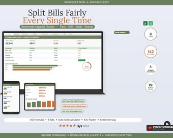 Roommate Expense Tracker Spreadsheet | Bill Splitter for Shared Households | Who Owes Who Excel Google Sheets Template