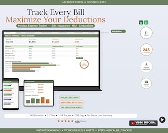 Medical Expense Tracker Spreadsheet Excel Google Sheets | HSA FSA Deductible & Insurance Claim Log | Healthcare Budget Tax Deduction