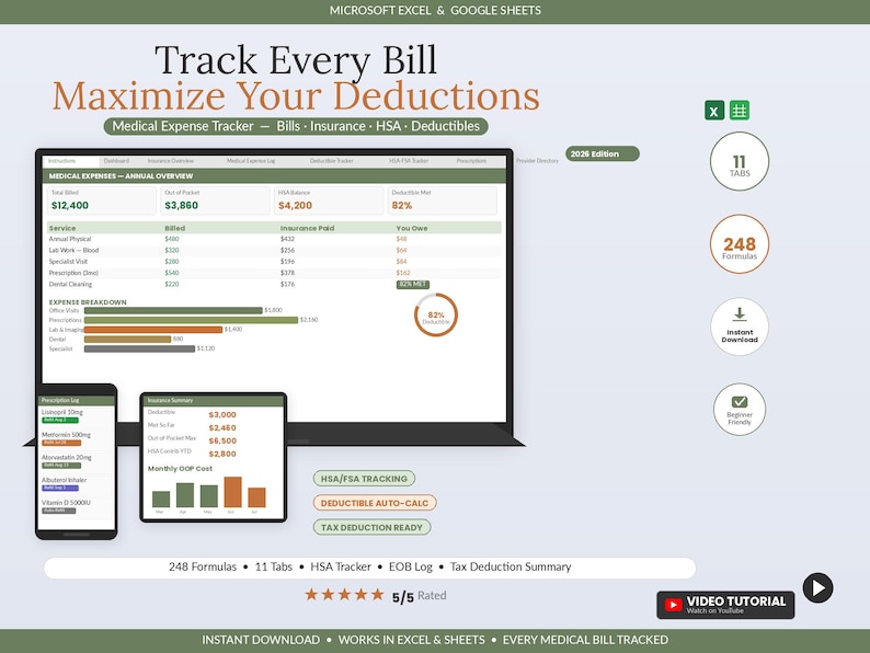 Medical Expense Tracker Spreadsheet | HSA/FSA, Deductible, Tax Deduction (Digital Download) image 1