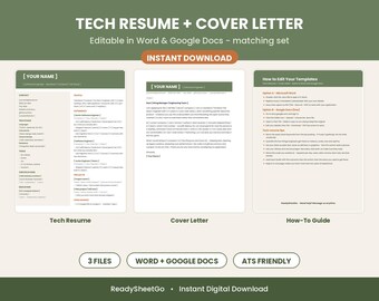 Software Engineer Resume Template Word Google Docs | Developer CV & Matching Cover Letter | Tech ATS Editable