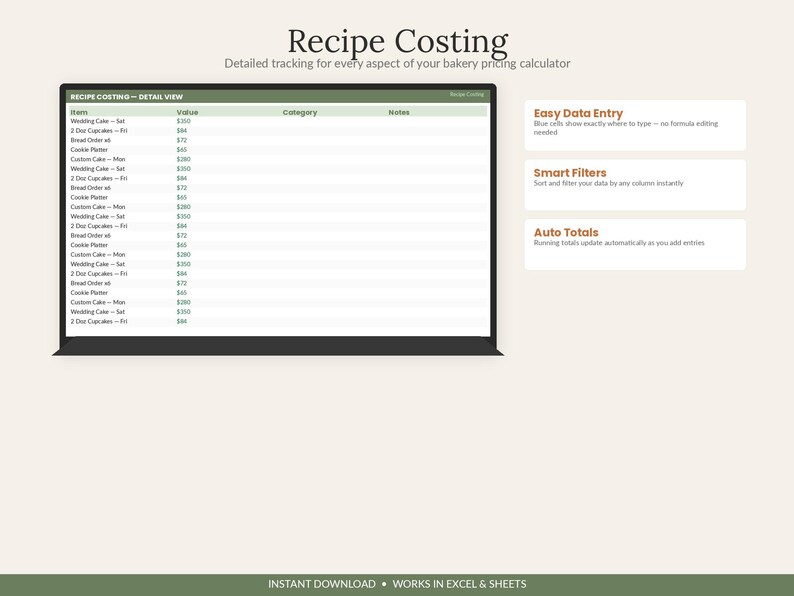 Feuille de calcul des prix pour la boulangerie | Suivi des coûts des recettes et des commandes (Excel Google Sheets) | Formulaire de commande pour la boulangerie à domicile, calcul des coûts des recettes image 4