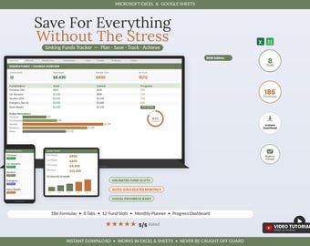 Feuille de calcul pour le suivi des fonds d'amortissement | Planificateur d'objectifs d'épargne Excel/Google Sheets | Suivi budgétaire des dépenses importantes et des factures