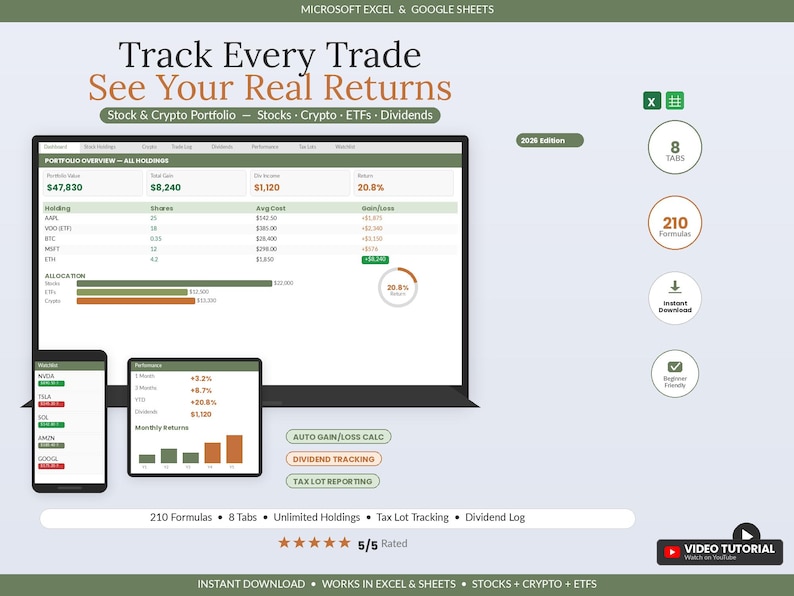 Investment Portfolio Tracker Spreadsheet | Stocks, Crypto, Dividends (Excel, Google Sheets) image 1