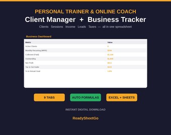 Spreadsheet voor het bijhouden van klanten van personal trainers | CRM-systeem voor online fitnesscoaches in Excel en Google Sheets | Beheerder van sessies, inkomsten en belastingen