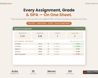 Student Assignment Tracker & GPA Calculator | Grade Tracker Spreadsheet | College High School Study Planner Excel Google Sheets Template