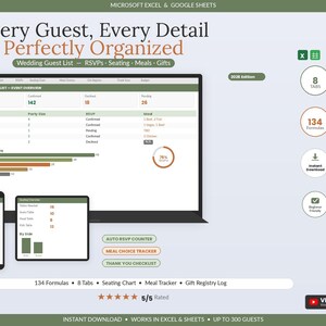 Wedding Guest List Spreadsheet | RSVP Tracker & Seating Chart Excel Google Sheets | Wedding Planner Guest List Manager Template image 1