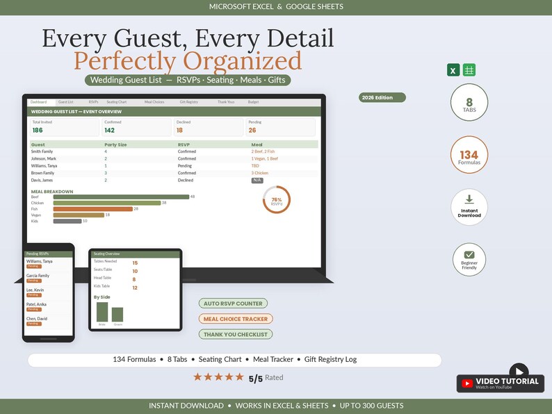 Wedding Guest List Spreadsheet | RSVP Tracker & Seating Chart Excel Google Sheets | Wedding Planner Guest List Manager Template image 1