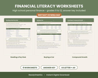 Financial Literacy Worksheets High School, Personal Finance Printable for Grades 9-12, Budget Credit & Investing, Answer Key PDF