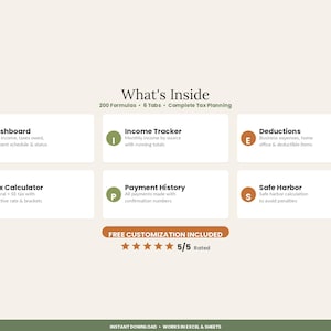 May include: A digital spreadsheet interface titled What's Inside featuring 200 formulas and 6 tabs. It displays six labeled sections: Dashboard, Income Tracker, Deductions, Tax Calculator, Payment History, and Safe Harbor, with a 5/5 star rating.