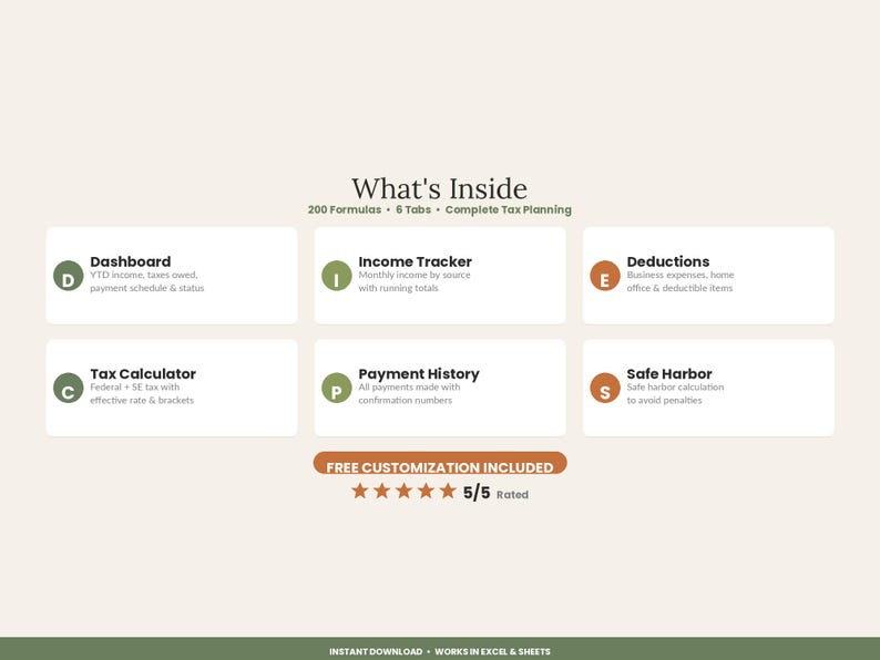 May include: A digital spreadsheet interface titled What's Inside featuring 200 formulas and 6 tabs. It displays six labeled sections: Dashboard, Income Tracker, Deductions, Tax Calculator, Payment History, and Safe Harbor, with a 5/5 star rating.