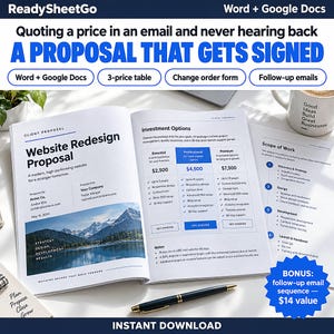 May include: A printed client proposal document for a website redesign featuring a three-tier pricing table with Essential, Professional, and Premium options, alongside a scope of work page, a black pen, and a mug with text on a white desk surface.